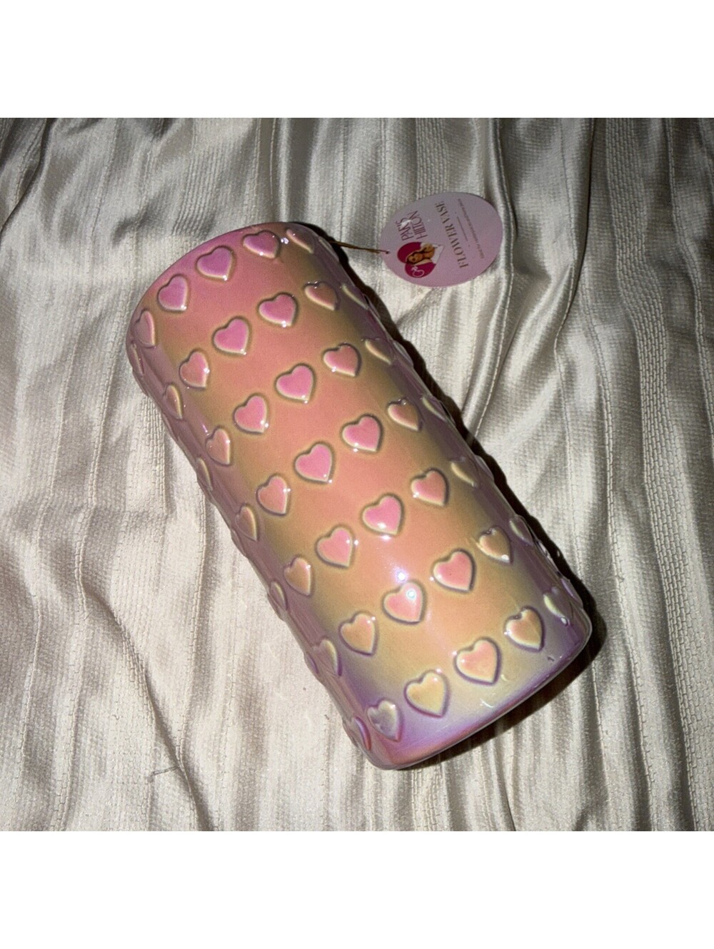 Paris Hilton Iridescent Pink Heart Embossed Ceramic Flower Vase Y2K Glam